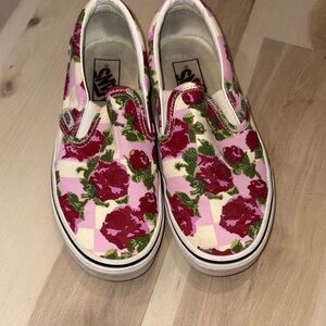 Vans Women's Pink and Green Floral Slip-On Sneakers
